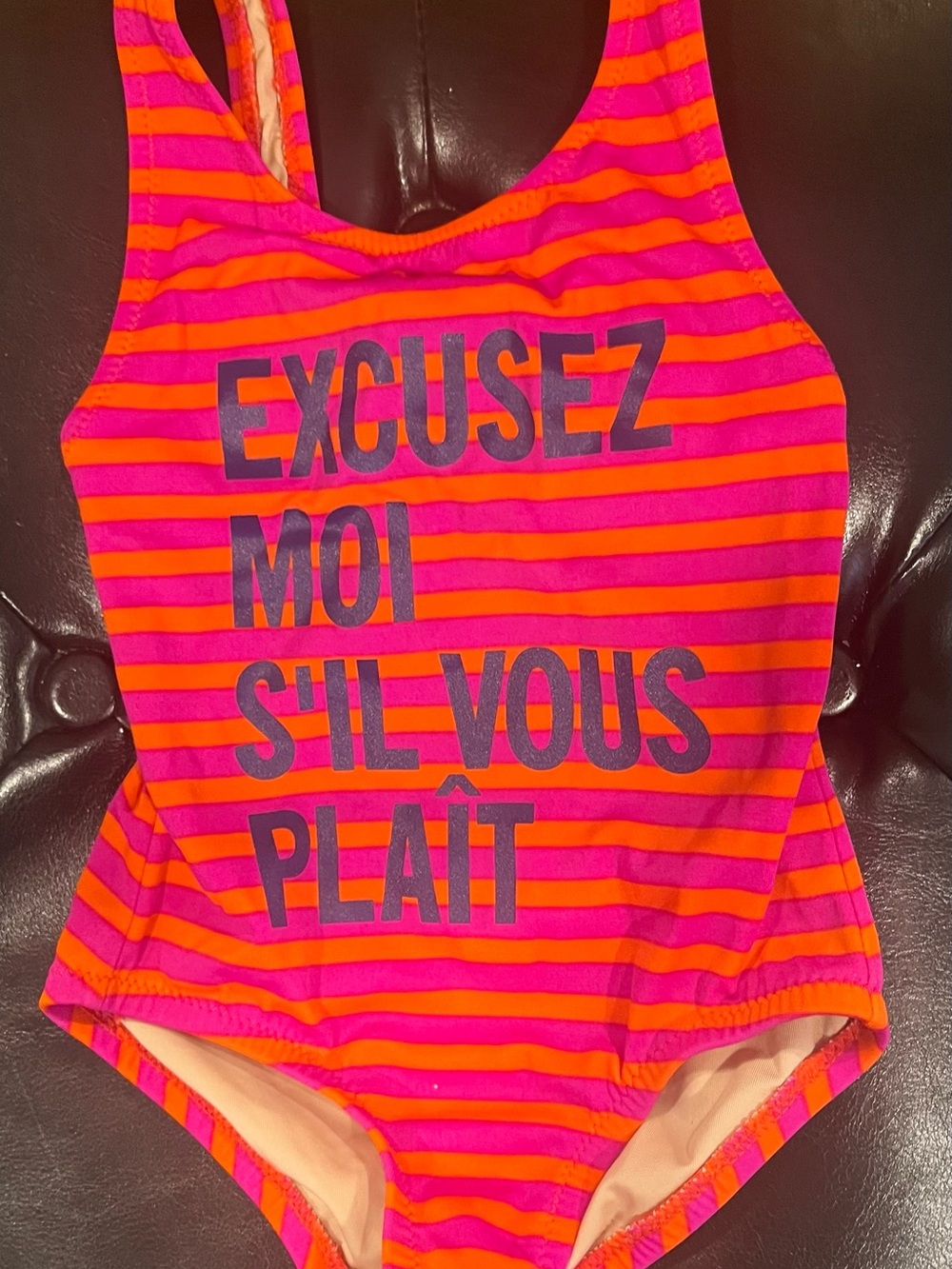 Crewcuts Neon Pink and Orange Striped One-Piece Swim with Navy Text